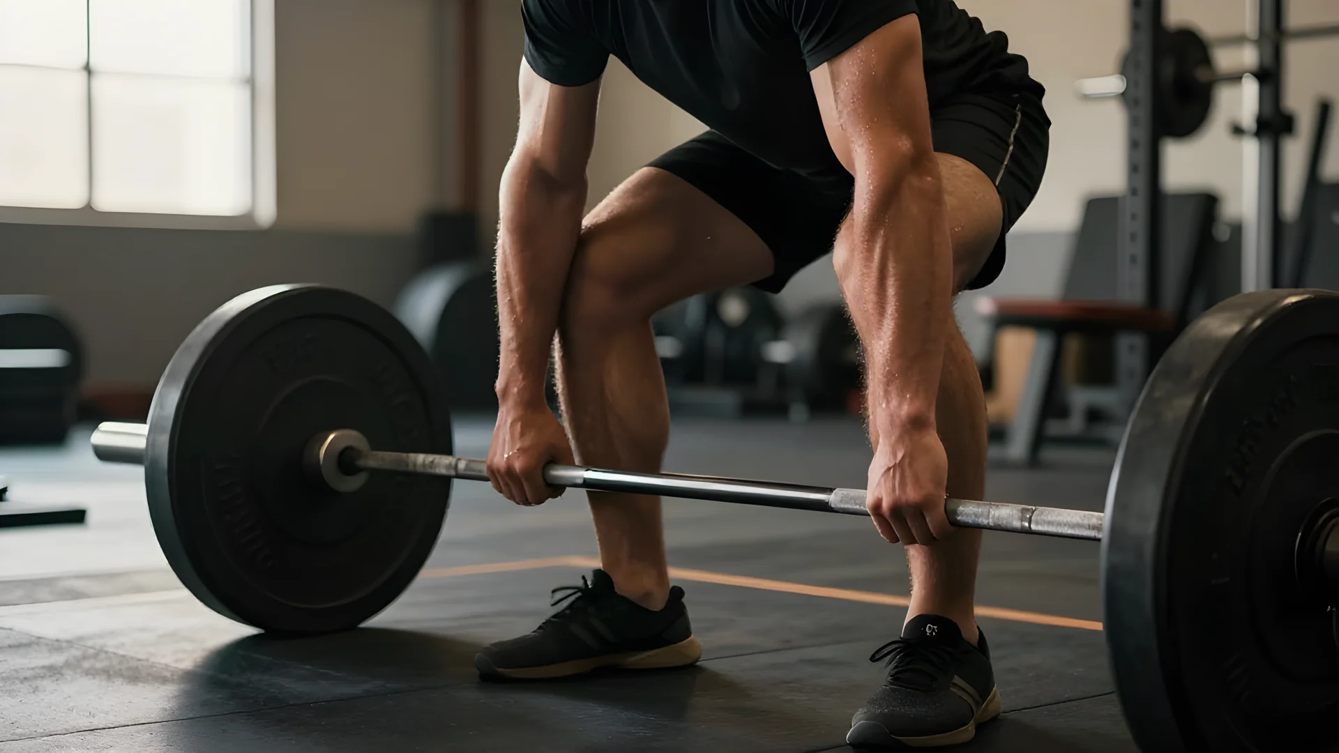 Person mitt i ett marklyft i ett gym med varmt sidoljus, händerna om skivstången, dekorativ illustration till guiden om bästa pulsklockan för gymträning.