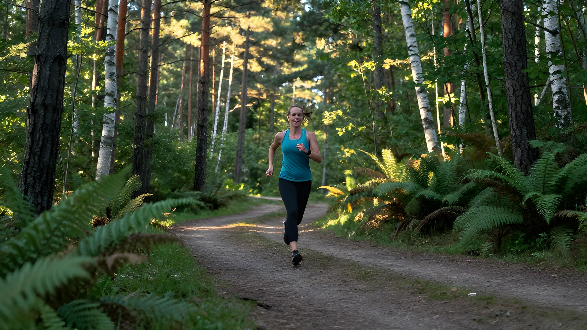 Löpare på en skogsstig i dagsljus med en sportklocka på handleden, dekorativ illustration till löpguiden.