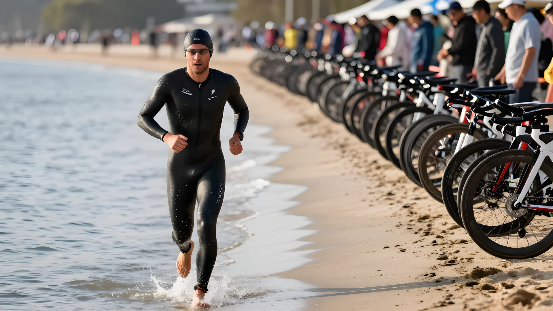 Triatlet i våtdräkt springer upp ur vattnet mot en växlingsplats med uppradade tävlingscyklar, dekorativ illustration till guiden om bästa pulsklockan för triathlon.