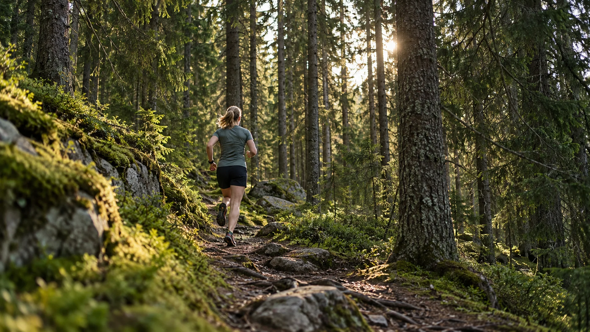 Illustration av en löpare på en stenig stig i tät granskog, dekorativ bild till guiden om GPS-noggrannhet och multiband.