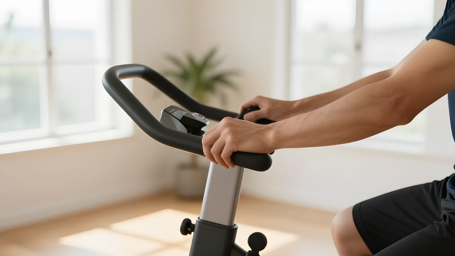 Illustration av en person som sitter lugnt på en motionscykel med händerna vilande på styret, dekorativ bild till guiden om puls på motionscykel.