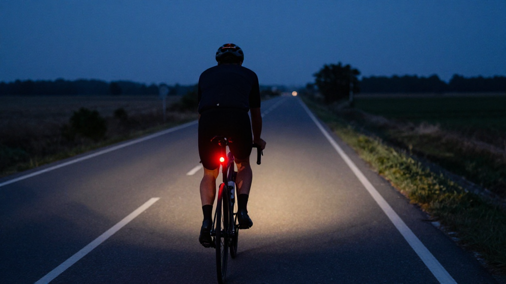 Landsvägscyklist bakifrån i skymning med ett rött bakljus på cykeln.